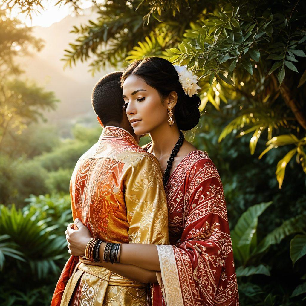 A vibrant scene depicting two individuals from the Tuano culture passionately embracing, surrounded by lush landscapes symbolizing devotion, adorned with traditional clothing and intricate patterns. Soft golden light filters through the leaves, casting a warm glow on their loving expressions, while sculptural elements of local craftsmanship enhance the background. The overall atmosphere is one of warmth and romance, inviting the viewer into their journey. super-realistic. vibrant colors. soft focus.