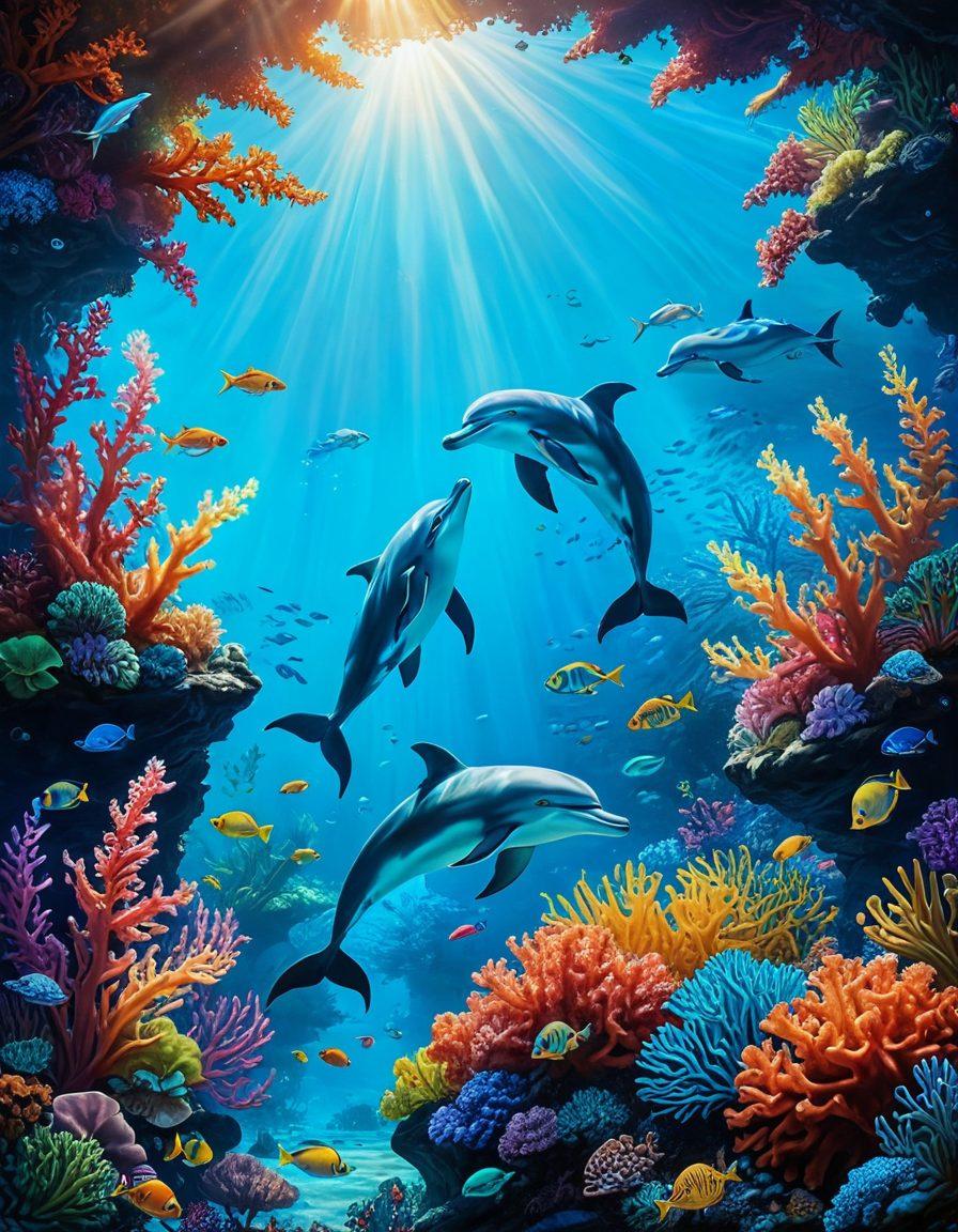 A serene underwater scene depicting vibrant coral reefs alongside two sea creatures symbolizing love, intertwined in a gentle embrace. The background is filled with radiant light filtering through the water, creating a magical ambiance that evokes the theme of romance and connection. Surround the creatures with small schools of colorful fish to represent community bonds. super-realistic. vibrant colors. peaceful atmosphere.