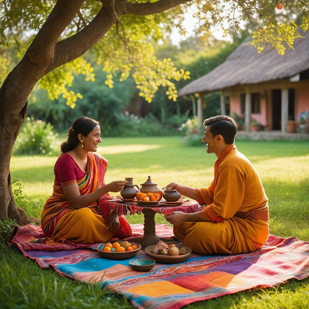 A warm and inviting scene depicting a Tuano couple sharing a traditional meal, surrounded by lush greenery and vibrant flowers. Incorporate elements like handwoven textiles and intricate pottery to highlight cultural heritage, with soft sunlight filtering through trees creating an intimate atmosphere. Infuse the image with feelings of love and unity, showcasing community members engaging joyfully in the background. super-realistic. vibrant colors. soft focus.
